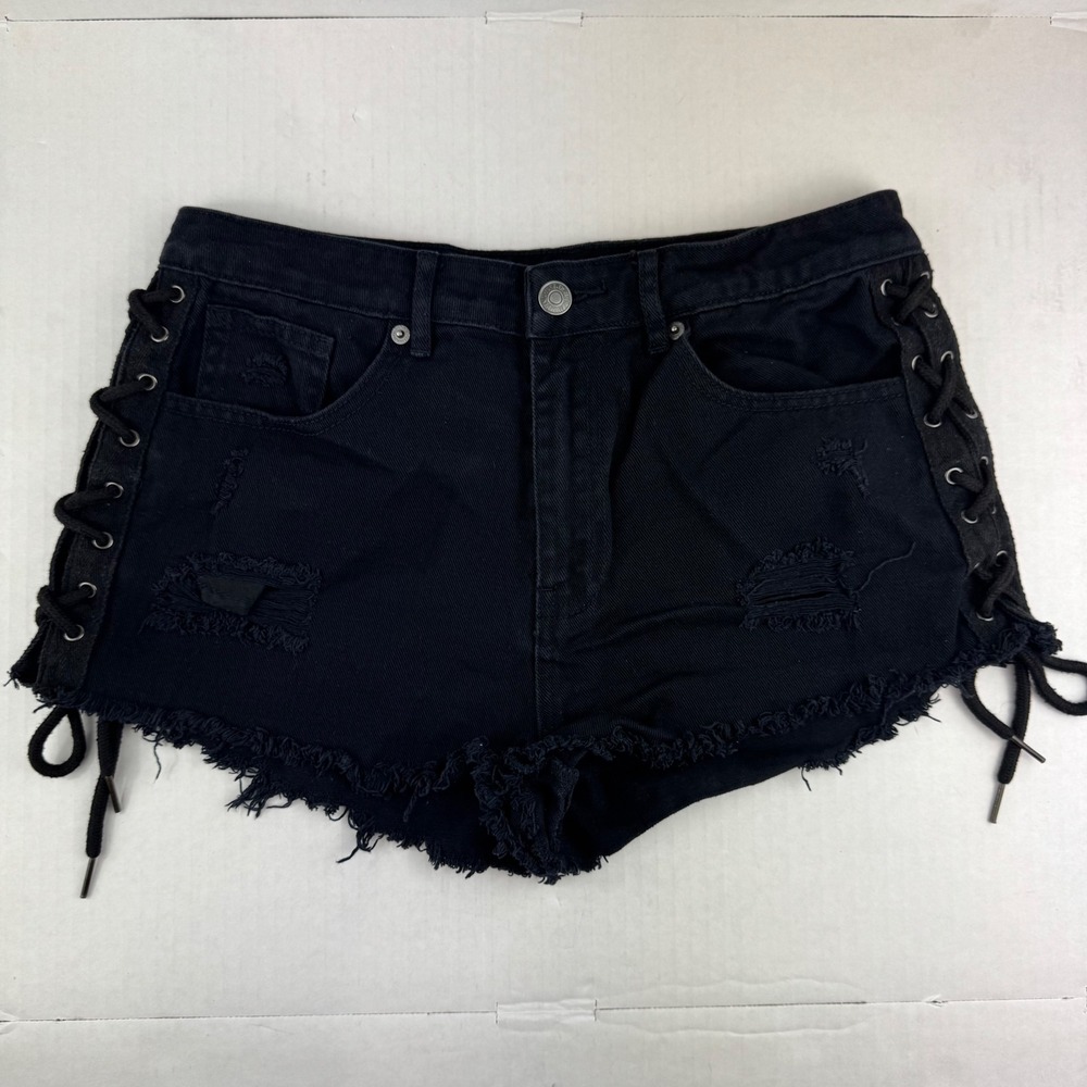 Forever 21 Premium Denim Black Lace Up Side Distressed Jean Shorts Womens 28